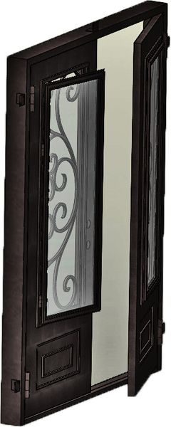 Iron double front door with operable glass panel open for airflow, showing functional venting glass feature
