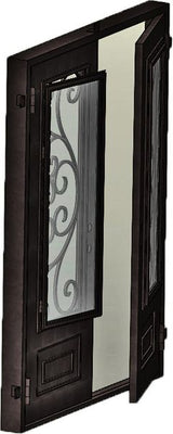 Iron double front door with operable glass panel open for airflow, showing functional venting glass feature