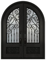 Black iron double front entry door with large glass panels, modern exterior straight-on view