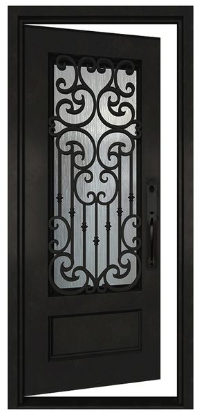 Black iron single front door shown in left-hand inswing configuration with vertical glass panels and modern steel frame