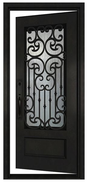 Black iron single entry door shown in right-hand inswing orientation with vertical glass panels, exterior front view