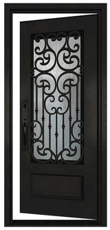 Black iron single entry door shown in right-hand inswing orientation with vertical glass panels, exterior front view