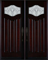 Double front entry door with decorative glass panels and Paris-style design, straight-on exterior view